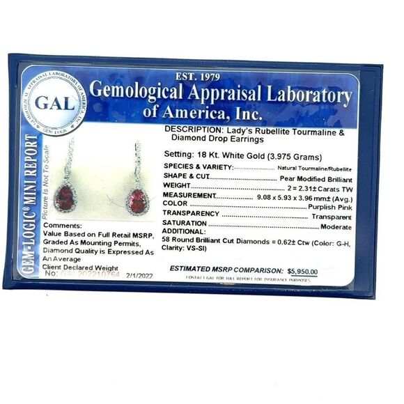 Diamond Rubellite Tourmaline Drop Earrings 18k W Gold 2.93 TCW Certified 210764 - Picture 13 of 13